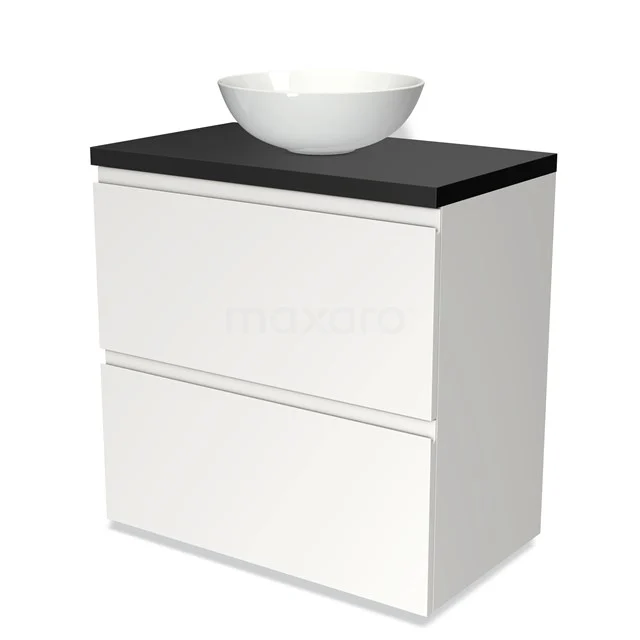 Weißes Badezimmermöbel mit schwarzer Platte und einem runden keramischen Waschbecken, modernes Design für stilvolle Badezimmergestaltung.