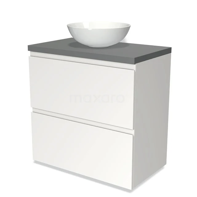 Weißes Badezimmermöbel mit grauer Platte, zwei Schubladen und einem runden keramischen Aufsatzwaschbecken obenauf, ideal für moderne Bäder.