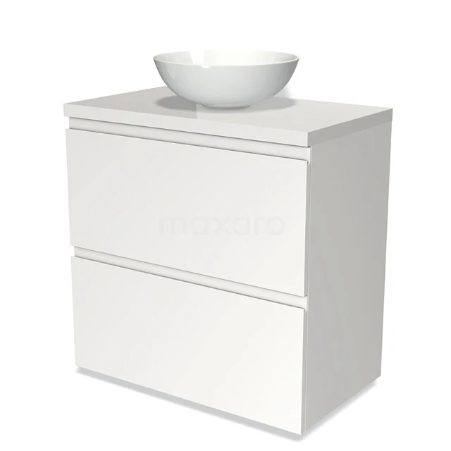 Weißes Badezimmermöbel mit modernem Waschtischplatte, freistehendem Aufsatzwaschbecken und zwei Schubladen, elegantes Design aus massivem Holz.