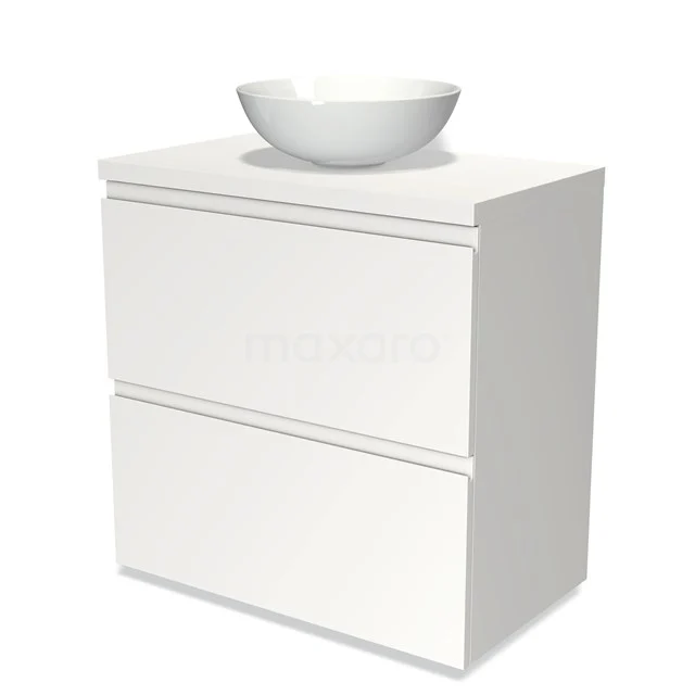 Weißes Badezimmermöbel mit einem keramischen Aufsatzwaschbecken, modernem rechteckigen Design und zwei Schubladen für stilvollen Stauraum.