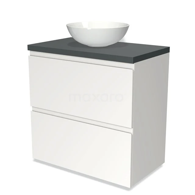 Weißes Badezimmermöbel mit schwarzer Oberseite und Aufsatzwaschbecken, modernes Design, ideal für ein stilvolles und kompaktes Badezimmer.