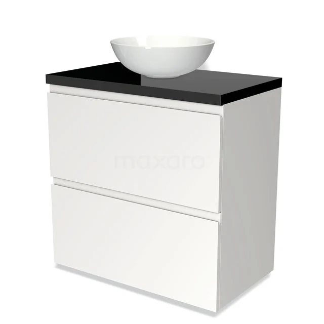 Weißes Badezimmermöbel mit schwarzer Oberfläche und rundem Aufsatzwaschbecken, modernes Design, ideal für moderne Bäder.