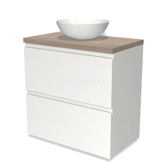 Weißes Badezimmermöbel mit Holzlook Platte und rundem Waschbecken, modernes Design und sauber verarbeitete Schubladen.