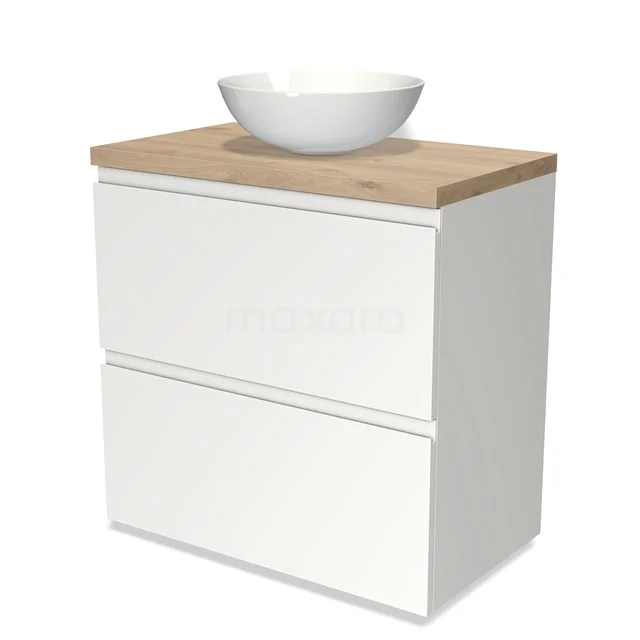 Weißes Badezimmermöbel mit Holzplatte und runder keramischer Aufsatzwaschbecken, modernes Design passend zu Badezimmerinterieurs.