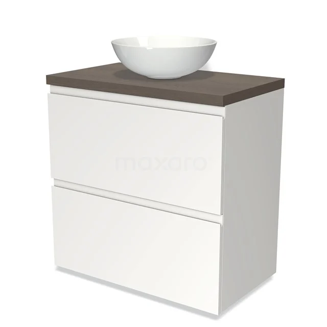 Weißes Badezimmermöbel mit Holzlook Platte, keramischem Aufsatzwaschbecken und 2 Schubladen; modernes Design.