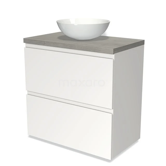 Modulo Plato Badmöbel mit Aufsatzwaschbecken | 80 cm Matt Weiß Grifflos front Graue Eiche blatt 2 hohe Schubladen übereinanderliegend BMK13-00166 Weißes Nachttischchen mit Beton-Grau Platte und rundem Waschbecken, ideal als Badmöbel für ein modernes und elegantes Erscheinungsbild.
