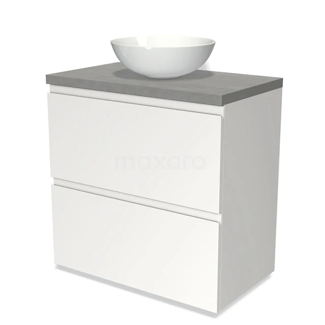 Modulo Plato Badmöbel mit Aufsatzwaschbecken | 80 cm Matt Weiß Grifflos front Hellgrauer Beton blatt 2 hohe Schubladen übereinanderliegend BMK13-00167 Weiße Badmöbelset mit grauer Platte und rundem keramischen Aufsatzwaschbecken, modernes Design, ideal für kompakte Bäder.
