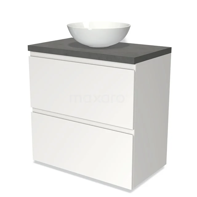 Weiße Badmöbelset mit grauer Waschtischplatte und runder keramischer Aufsatzwaschbecken, modernes Design für stilvolle Bäder.