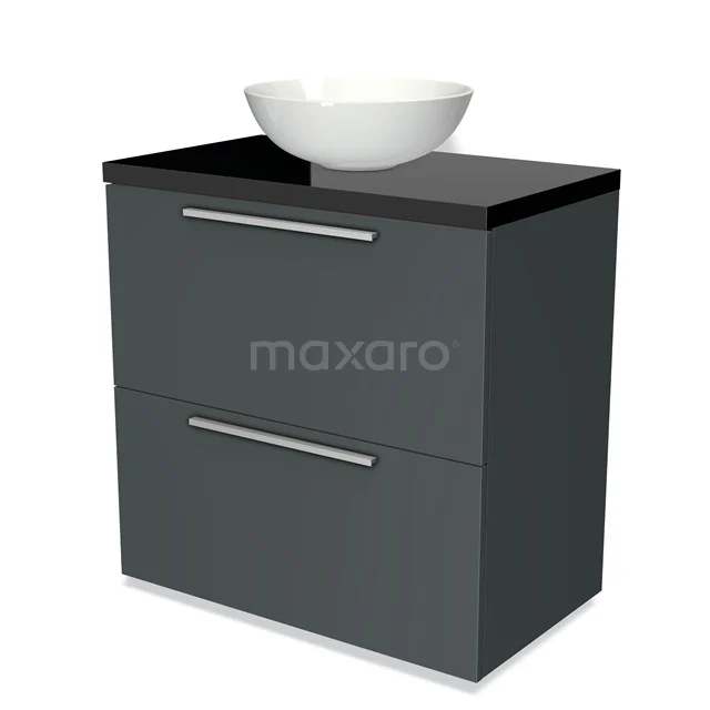 Grauer Badschrank mit schwarzem glänzendem Oberteil und weißem schalenförmigen Waschbecken, modernes Design, ideal für Badezimmerlagerung.