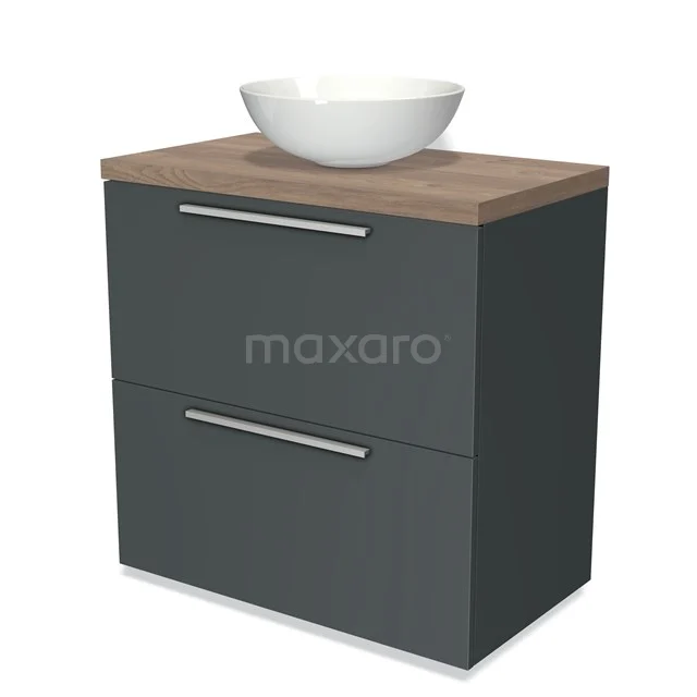 Badmöbel für Aufsatzwaschbecken 80cm Modulo Plato Dunkelgrau 2 hohe Schubladen Flach Mittelbraune Eiche Platte BMK13-00178 Graue Badezimmermöbelset mit Holzplatte, weißem schalenförmigen Waschbecken und zwei breiten Schubladen, modernes Design.