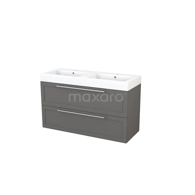 Grey bathroom furniture set with double basin, modern minimalist style and sleek drawers for practical storage space.