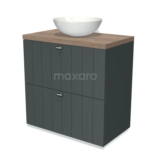 Grauer hängender Badschrank mit Holzlook Platte und weißem Aufsatzwaschbecken, modernes Design für stilvolle Bäder.