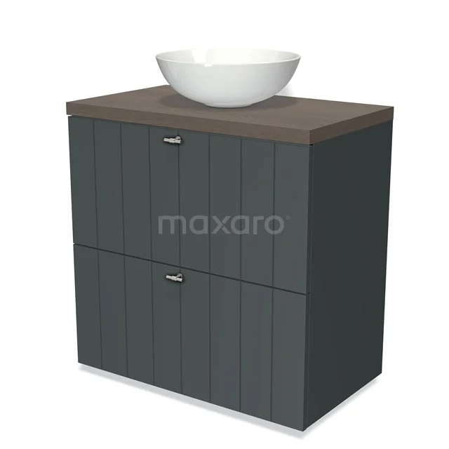 Badmöbel für Waschtischunterschrank mit Konsole 80cm Modulo Plato Dunkelgrau 2 hohe Schubladen Lamelle dunkelbraune Eiche Platte BMK13-00193 Stilvolle dunkle Badschrank mit Holzlook Platte und modernem weißen Aufsatzwaschbecken, ideal für kompakte Badezimmerlagerung.