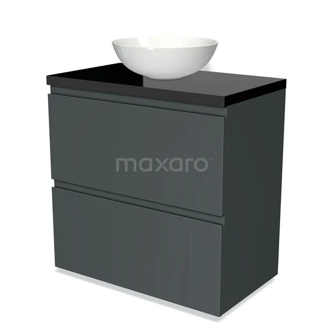 Modulo Plato Badmöbel mit Aufsatzwaschbecken | 80 cm Dunkelgrau Grifflos front Hochglanz Schwarz blatt 2 hohe Schubladen übereinanderliegend BMK13-00202 Moderne graue Badschrank mit zwei Schubladen und einem weißen rundes Waschbecken, Schwarz Glas Platte für ein stilvolles Badezimmerdesign.
