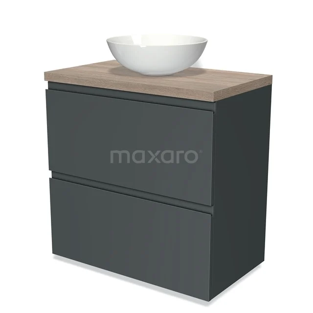 Dark grey bathroom furniture set with wooden worktop and round white countertop wash basin, modern design, ideal for stylish bathrooms.