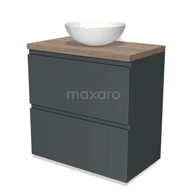 Dark grey bathroom unit with wood-look worktop and white countertop wash basin, ideal for a modern bathroom design.