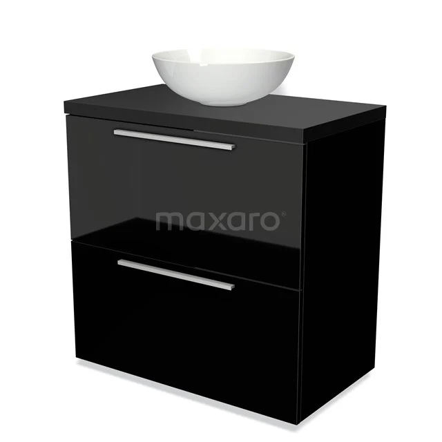 Black bathroom furniture set with matte finish, two drawers and white porcelain countertop wash basin; modern design for any bathroom.
