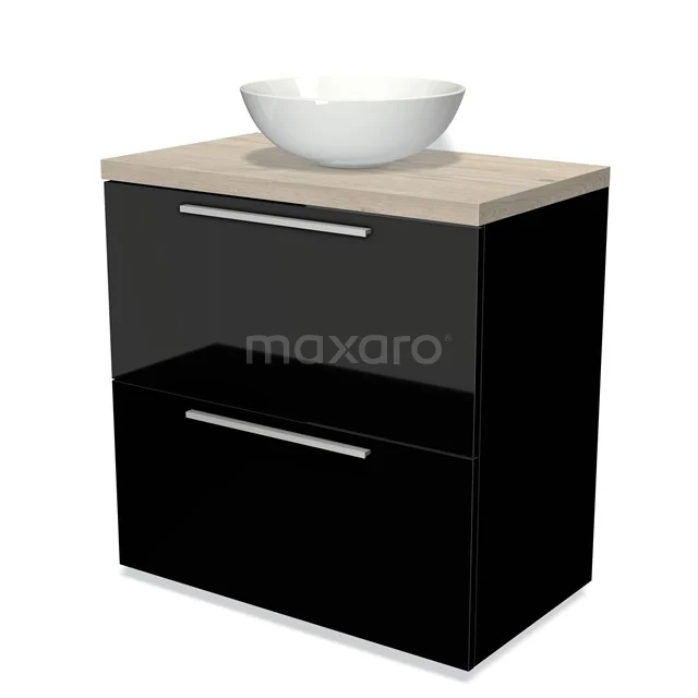 Black bathroom cabinet with wood-look worktop, white worktop and modern chrome handles, ideal for stylish bathroom design.