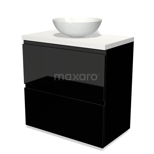 Schwarzes Badmöbel mit glänzender Oberfläche, weißer Marmorplatte und rundem Waschbecken, ideal für ein modernes Badezimmer.