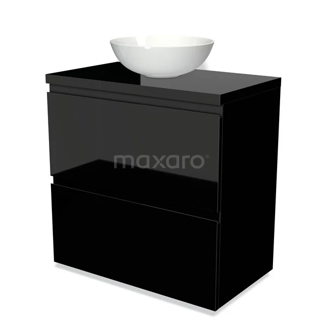 Modulo Plato Vanity units for countertop basin | 80 cm High-gloss black Handle-less front High-gloss black worktop 2 stacked drawers under each other BMK13-00244 Black bathroom furniture set with glossy finish, including modern basin worktop and round, white countertop wash basin.