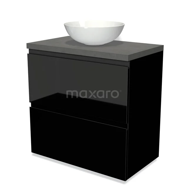 Black bathroom furniture set with grey worktop and white round basin, modern look and suitable for any bathroom style.
