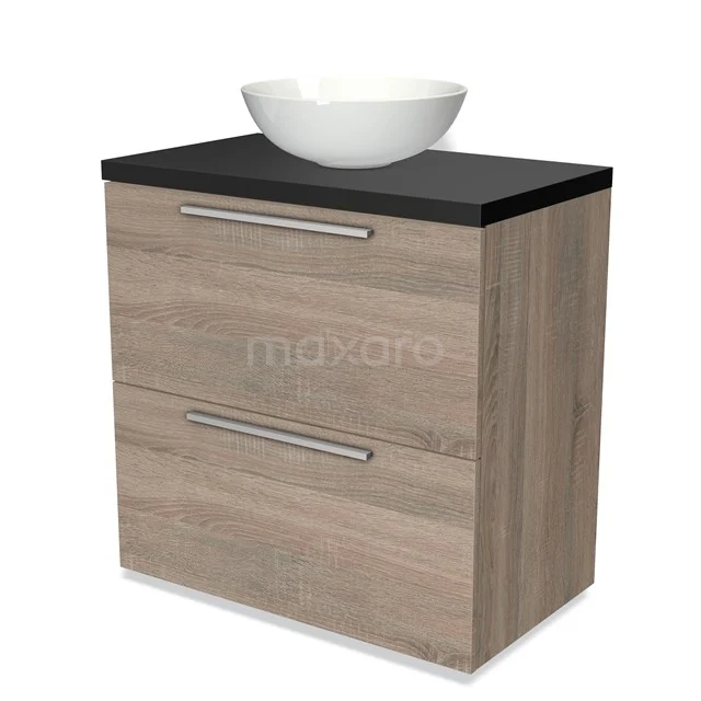 Holz-Badmöbel mit schwarzer Oberseite und weißem Aufsatzwaschbecken, ausgestattet mit zwei Schubladen und modernen Metall-Haltegriffen.