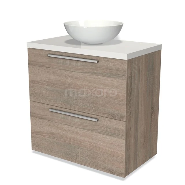 Modulo Plato Vanity units for countertop basin | 80 cm Oak Flat front High-gloss white worktop 2 stacked drawers under each other BMK13-00255