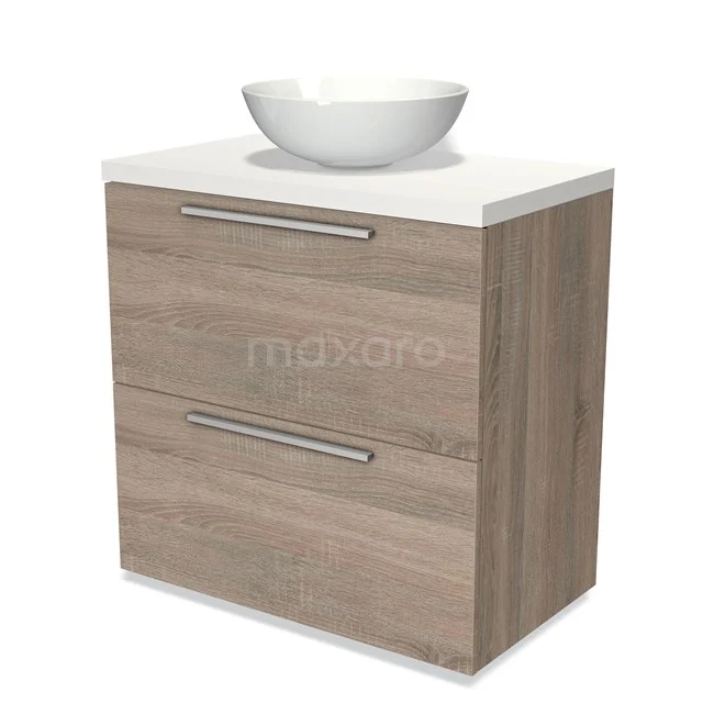 Holz Badezimmermöbel mit zwei Schubladen, weißem keramischen Aufsatzwaschbecken und modernem Design, ideal für kompakte Badezimmeraufstellungen.