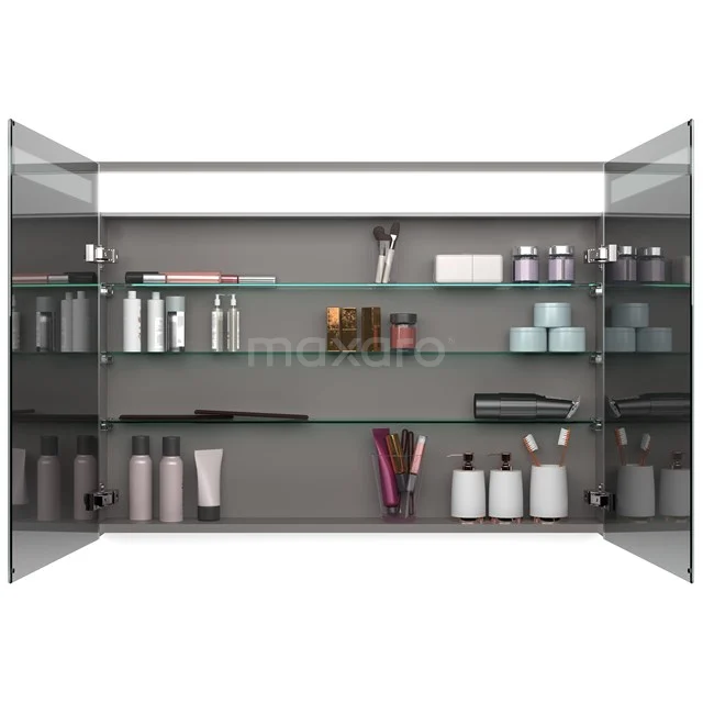 Mirror cabinet with lighting Modulo 100x70 honey oak K99-1000-59008-64 Grey glass bathroom cabinet with double doors, sleek design, glass shelves and toiletries storage.
