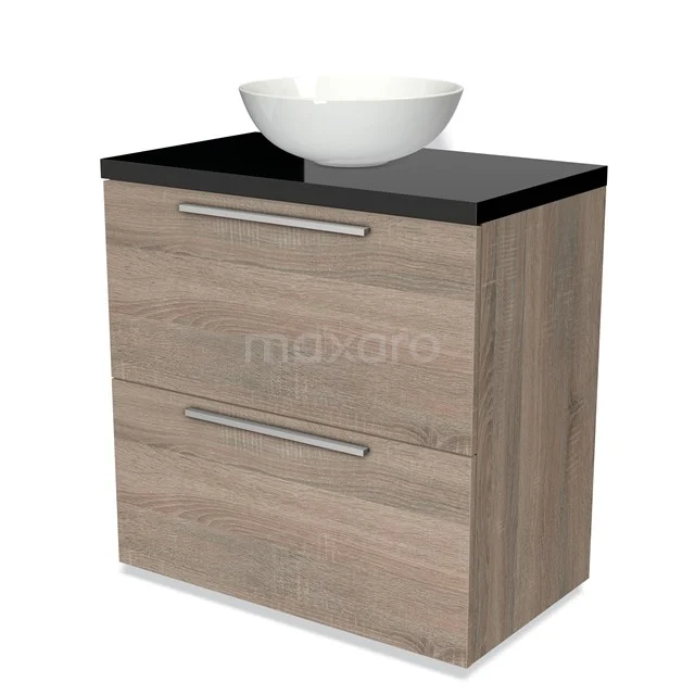 Holz Badezimmermöbel mit zwei Schubladen, Schwarz Platte und weißen Aufsatzwaschbecken; modernes Design, ideal für ein stilvolles Badezimmer.