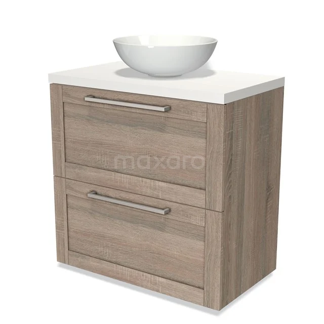 Wooden bathroom unit with white countertop wash basin, 2 drawers and modern design, ideal for stylish and functional bathroom design.