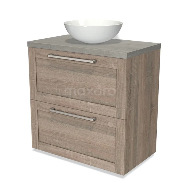 Wooden bathroom unit with grey worktop, two drawers and white round basin; modern design and practical for storage space.