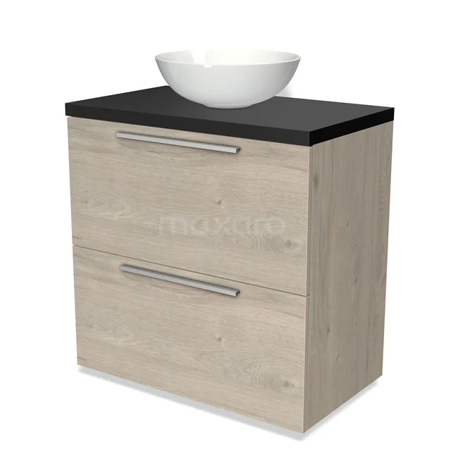 Hölzernes Badezimmermöbel mit zwei Schubladen, schwarzer Platte und weißem Aufsatzwaschbecken; modernes Design für stilvolle Badezimmergestaltung.