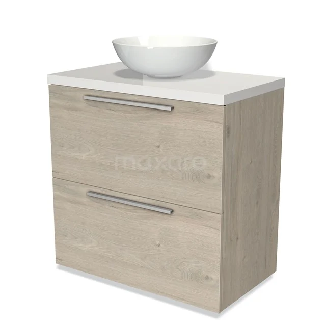 Holz-Badmöbel mit weißem Kunststoff-Aufsatzwaschbecken, 2 Schubladen und schlichten Haltegriffen; modernes Design, ideal für kleine Bäder.