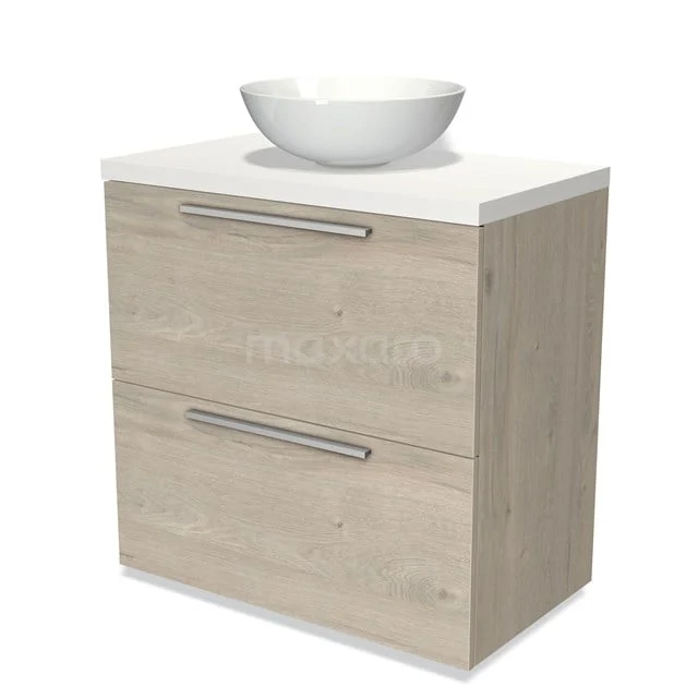 Badmöbel für Waschtischunterschrank mit Konsole 80cm Modulo Plato Hellgraue Eiche 2 hohe Schubladen Flach Matt Weiß Platte BMK13-00284 Holz Badezimmermöbel mit modernem Waschbecken, 2 Schubladen und chromatischen Haltegriffen, ideal für praktische und stilvolle Badezimmerlagerung.