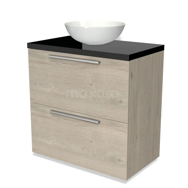 Holz Badezimmermöbel mit Schwarz Platte, keramisches Waschbecken und Schubladen; stilvolles Design für moderne Bäder.