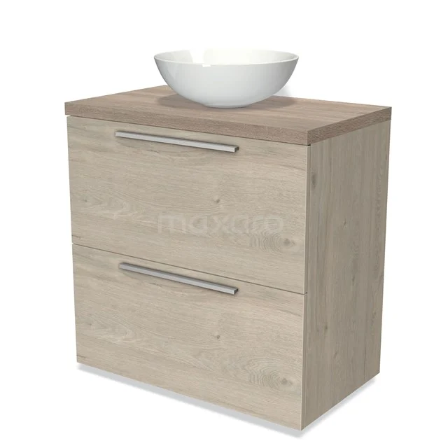 Holz Badschrank mit zwei Schubladen und einem weißen, runden Waschbecken; ideale Kombination aus Stil und Stauraum.