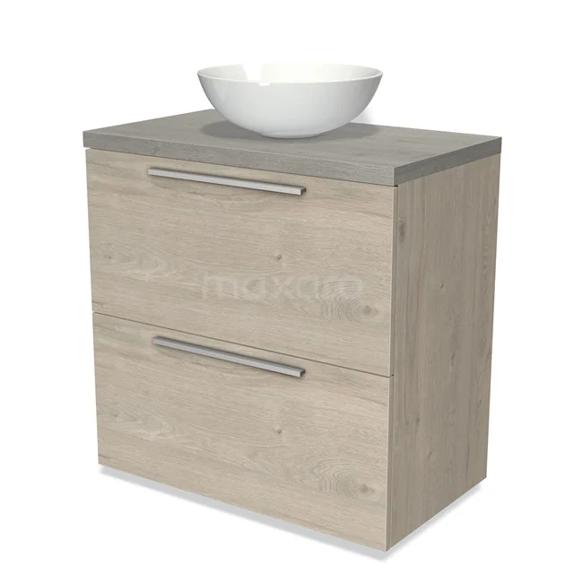 Holz Badezimmermöbel mit Grau Platte, zwei Schubladen und runder weißer Waschbecken; modernes Design für ein stilvolles Badezimmer.