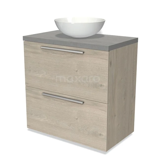 Holz-Badmöbel mit grauer Waschtischplatte und weißem Aufsatzwaschbecken, modernes Design mit zwei Schubladen und metallischen Haltegriffen.