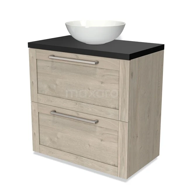 Wooden bathroom unit with black worktop, white countertop wash basin and two drawers, modern design, ideal for stylish bathroom design.