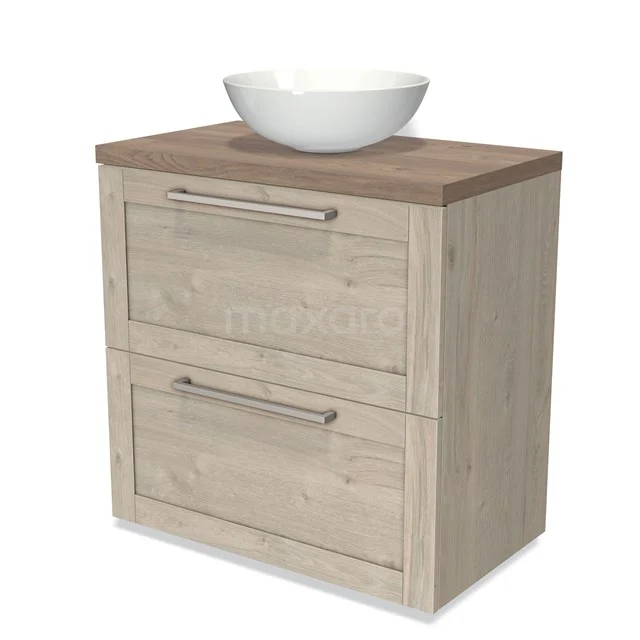 Wooden bathroom cabinet with two drawers, oak-look top and white ceramic countertop wash basin, ideal for compact bathrooms.
