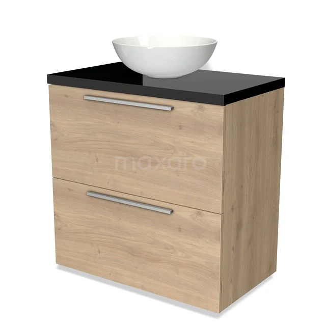 Badmöbel für Waschtischunterschrank 80cm Modulo Plato Hellbraune Eiche 2 hohe Schubladen Flach Hochglanz Schwarz Platte BMK13-00314 Holz Badezimmermöbel mit schwarzer Oberplatte, keramischem Aufsatzwaschbecken und zwei Schubladen. Modernes Design, perfekt für jedes Badezimmer.