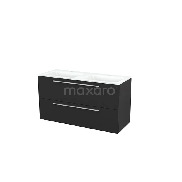 Modulo+ Vanity units with basin | 120 cm Carbon Flat front Glass 2 Stacked drawers BMP003466 Black bathroom cabinet with two wide drawers, white basin and sleek design, perfect for modern bathroom storage.