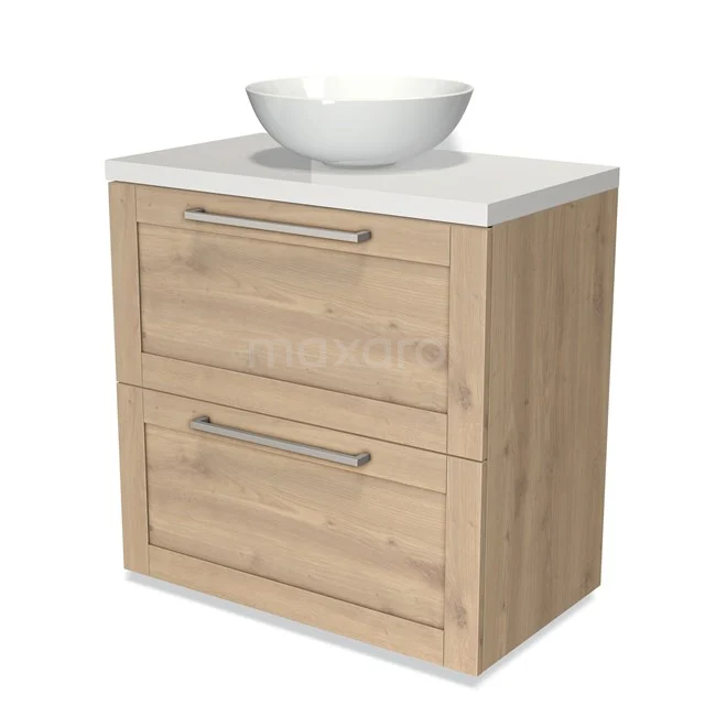 Holz-Badmöbel mit weißem Waschbecken, zwei Schubladen und metallischen Haltegriffen; perfekt für eine moderne Badezimmer Einrichtung.