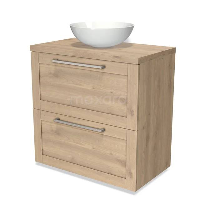 Wooden bathroom cabinet with two drawers and a white countertop basin, modern design and natural look.