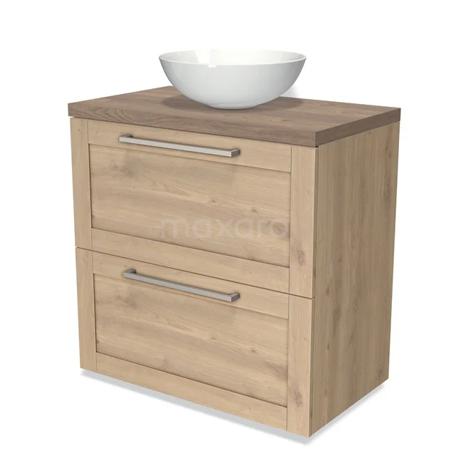 Wooden bathroom cabinet with two drawers, on top of a white countertop wash basin. Compact design, ideal storage for a stylish bathroom.