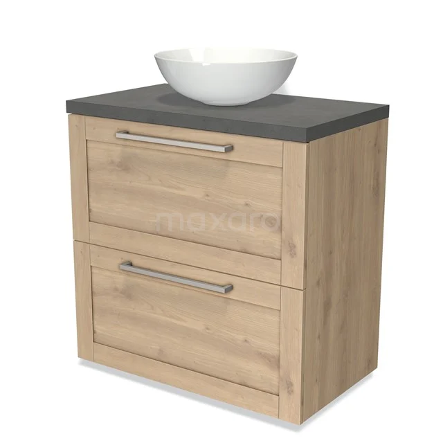 Modulo Plato Vanity units for countertop basin | 80 cm Light brown oak Frame front Dark grey concrete worktop 2 stacked drawers under each other BMK13-00336 Wooden bathroom unit with two drawers, matte white top and white ceramic countertop wash basin; modern and compact design.