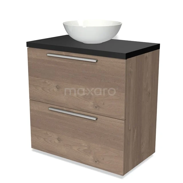 Modulo Plato Vanity units for countertop basin | 80 cm Mid brown oak Flat front Matte black worktop 2 stacked drawers under each other BMK13-00337