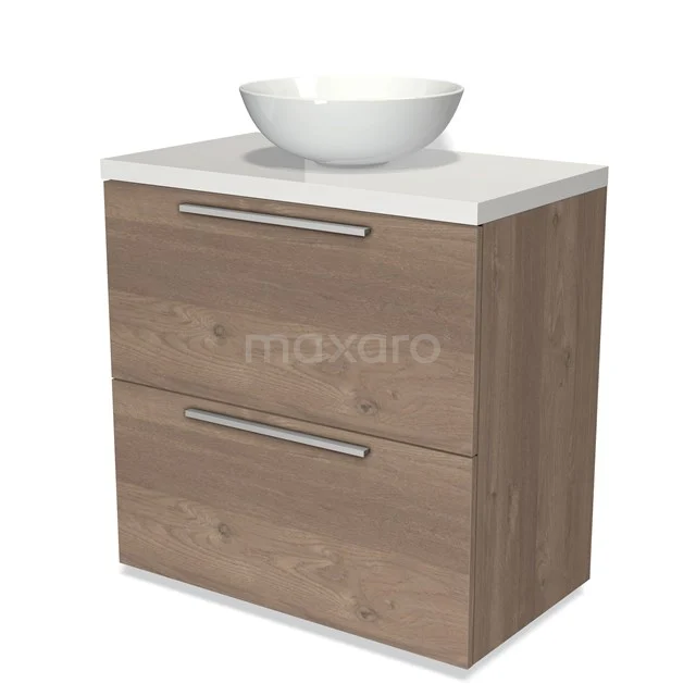 Modulo Plato Badkamermeubel voor waskom | 80 cm Middenbruin eiken Vlak front Hoogglans wit blad 2 hoge lades onder elkaar BMK13-00339