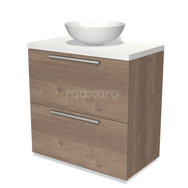 Holz Badezimmermöbel mit zwei Schubladen und einem weißen schalenförmigen Waschbecken; kompaktes Design für moderne Bäder.